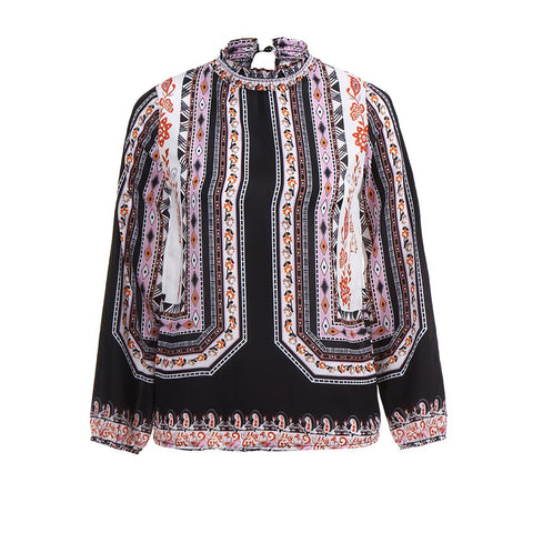 women elegant print blouses chiffon long sleeve stand neck pleated shirts tops ladies cute loose casual blusas femininas