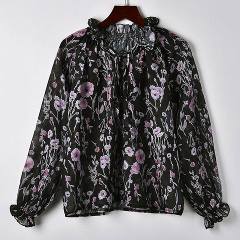 women vintage V neck floral blouse drawstring tie long sleeve pleated shirts Ladies casual chic tops blusas femininas