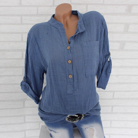 2022 Women Blouse and Tops Translucent Plus Size 3XL Casual Button Pocket Loose Long Sleeve Tops Shirt Blouse