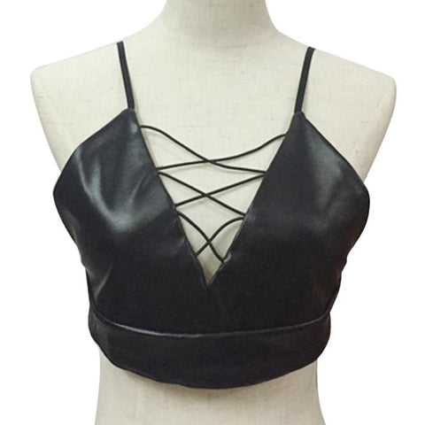 Women Summer Tank Tops Bustier Bra Short Vest Black PU Leather Halter Sleeveless fitness slim Crop Top