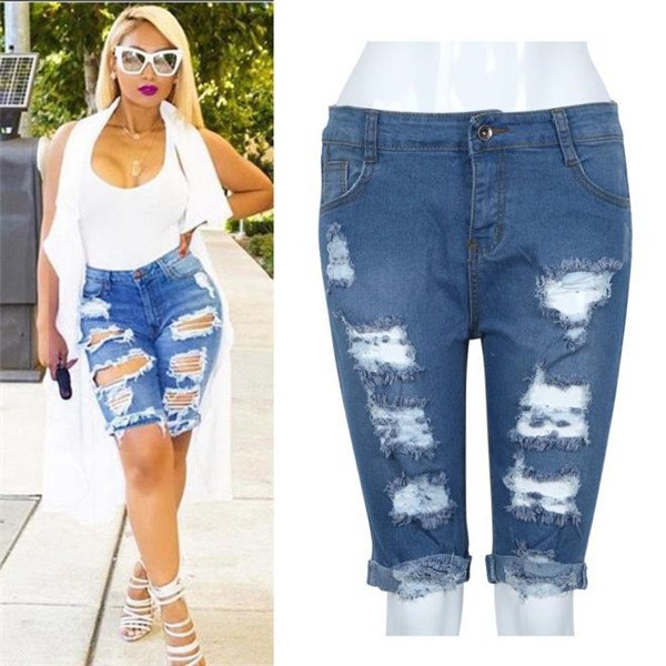 Denim Shorts For Women Full Size S-XL Summer Style Straight Fit Folded Bottom Elastic Waist Denim Long 5/10 Short Jeans