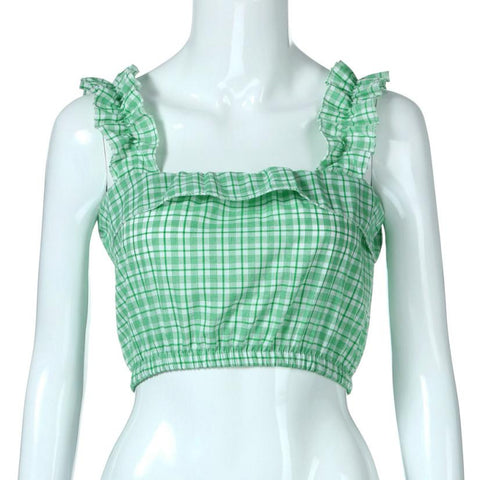 Fashion Vintage Women Crop Tops Vest Ruffles Halter Plaid Printed Halter Tank Tops Blouse camisole regata feminina