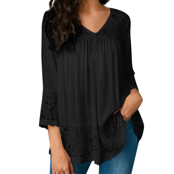 Plus Size Clothing V-Neck Solid Blouse Summer Women Loose Three Quarter Shirts Tops Lace Blouse female top Blusas /PY