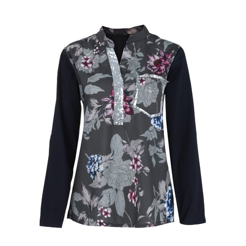 Plus Size V-Neck Top Shirts Summer Long Sleeve Floral Print Blouse Women Sequined Pullover Tops Loose Casual Blouse /PY
