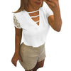 Sexy V Neck Blouse Summer Women Casual Chiffon Shirt Short Sleeve Splice Lace Top Blouse Solid Women Loose Blusas /PY
