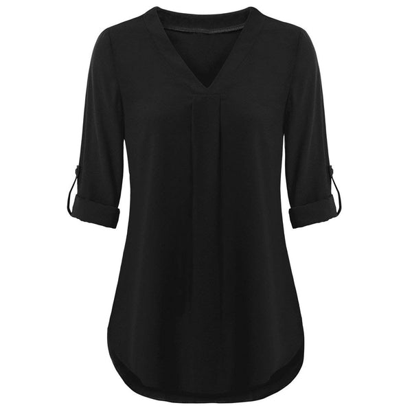 Summer Blouse 2022 Fashion Women Long Sleeve Roll-Up Top Solid Casual V Neck Layered Shirt Blouses /PY
