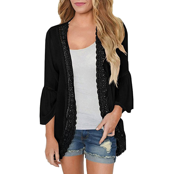 Summer Smock For Women Casual Top Solid Lace Long Sleeve Chiffon Cardigan Shirt Loose Kimono Blouse Tops /PY