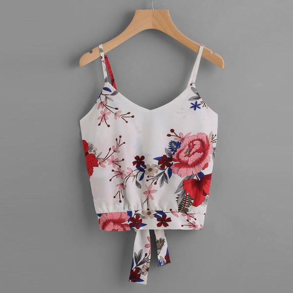 Summer Women Crop Tops Cami Sexy Strappy Self Tie Back V-Neck Floral Print Camisole Vest Tops Blouse regata feminina New