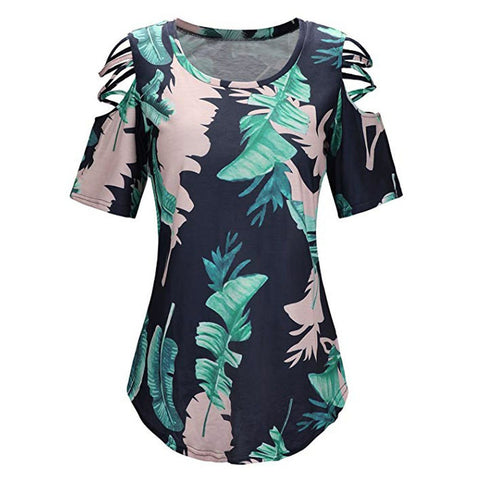 Women Blouse plus size Summer Printing Short Sleeve Shirt Strappy Cold Shoulder Blouse Tops camisa feminina /PY