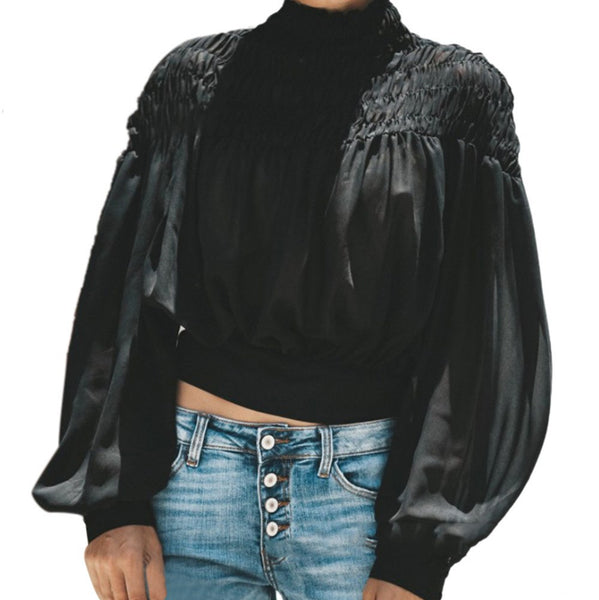 Women Shirts Blouse 2022 Autumn Fashion Solid Ruched Blouse Turtleneck Lantern Long Sleeve Shirt Blusas Femininas /PY