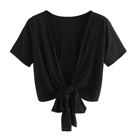 plus Size Sexy Blouse 2022 Women Ladies Bow Short Sleeve Shirt Backless Deep V Neck Short Blouse Tops Solid Blusas /PY
