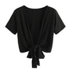plus Size Sexy Blouse 2022 Women Ladies Bow Short Sleeve Shirt Backless Deep V Neck Short Blouse Tops Solid Blusas /PY
