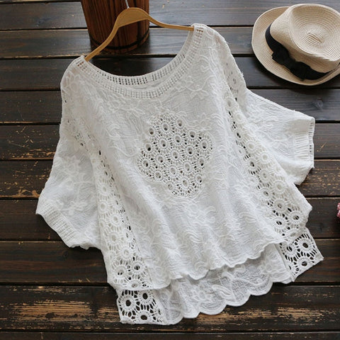 Female 2023 crop top boho summer white blouse women hollow out blusas Cotton Crochet shirt oversize Batwing sleeve tops camisas
