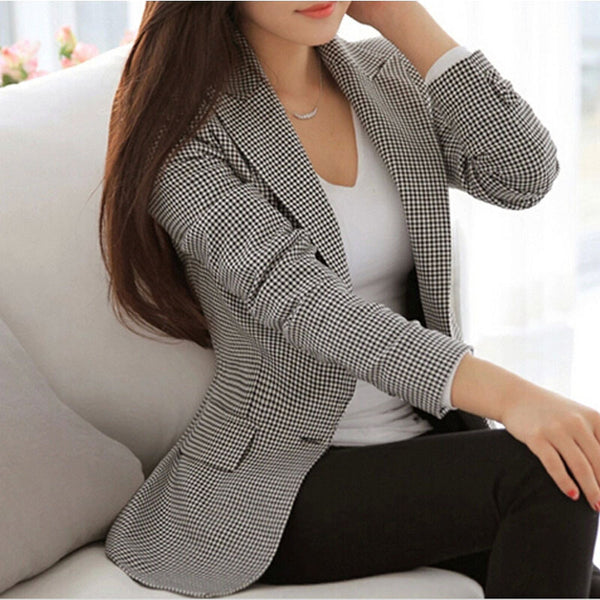 Female Black White Plaid blazer spring autumn blazer women jacket Ladies Long Sleeve Work Wear Plus Size Female Outerwear