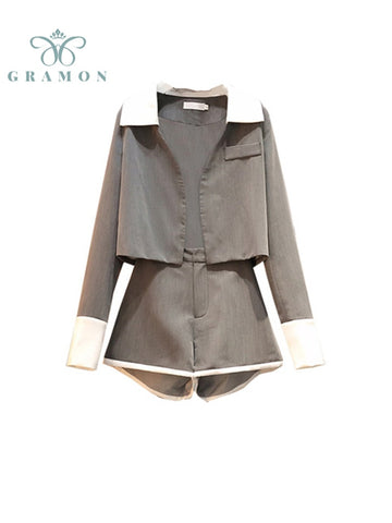 Female Chic Two Piece Sets Turn-down Collar Long Sleeve  Blazer Coat And Patchwork Solid Color Suit Shorts Plus Size Ladies Set