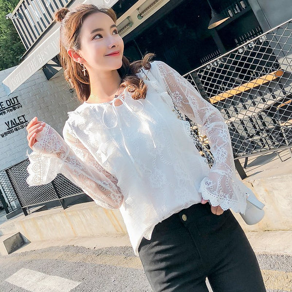 Female Elegant white Bow Tie White Blouses Chiffon round Collar hollow out sexy Shirt Ladies Tops Scho Blouse 852i3