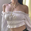 Female Off Shoulder Blouse Top Tee Shirt Elegant Women High Street Casual Club Party Wear White Tees Autumn Crop Top Gentlewoman