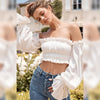 Female Off Shoulder Blouse Top Tee Shirt Elegant Women High Street Casual Club Party Wear White Tees Autumn Crop Top Gentlewoman