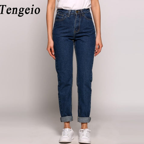 Female Pants Summer Boyfriend Jeans For Women Vintage High Waist Washed Button Blue Denim Long Harem Jeans Zip Femme Trousers
