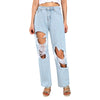 Female Ripped Jeans, High Waist Hollow Out Trousers Straight-Leg Pants for Spring Summer Fall, Light Blue, XS/S/M/L
