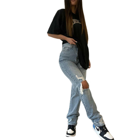Female Ripped Jeans, High Waist Hollow Out Trousers Straight-Leg Pants for Spring Summer Fall, Light Blue, XS/S/M/L