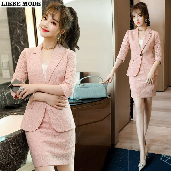 Female Suits with Skirt Elegant Lace Women's Business Offic Work Mini Skirt Suit Spring Summer Short Sleeve Blazer Outfit