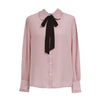 Female Tops Sales Woman Autumn Long Sleeve Basic Shirt Blouse Bow Tie Ribbon Pink White Shirt e800