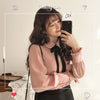 Female Tops Sales Woman Autumn Long Sleeve Basic Shirt Blouse Bow Tie Ribbon Pink White Shirt e800