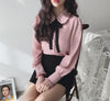 Female Tops Sales Woman Autumn Long Sleeve Basic Shirt Blouse Bow Tie Ribbon Pink White Shirt e800