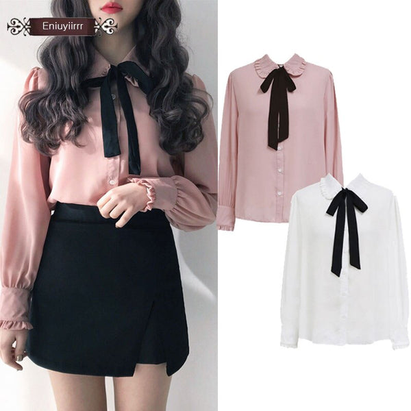 Female Tops Sales Woman Autumn Long Sleeve Basic Shirt Blouse Bow Tie Ribbon Pink White Shirt e800