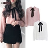 Female Tops Sales Woman Autumn Long Sleeve Basic Shirt Blouse Bow Tie Ribbon Pink White Shirt e800