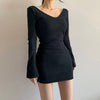 Femotwin Elegant Women Sexy Dress Cashmere V-Neck Slim Autumn Winter Mini Dress Office Lady Long Sleeve Bodycon Club 2022 Dress
