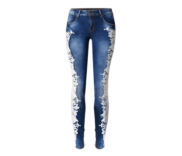 High Quality Lace Patchwork Women Pencil Pants Jeans Trousers Low Waist Skinny Slim Denim Elastic Pants Female P45