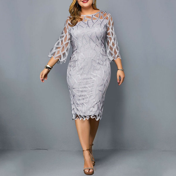 Fioncrow Plus Size Dresses 4Xl 5Xl 6Xl Mesh Hollow out Lace Patchwork Long Sleeve Midi Casual Large Party Dress Women Summer