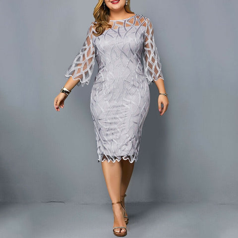 Fioncrow Plus Size Dresses 4Xl 5Xl 6Xl Mesh Hollow out Lace Patchwork Long Sleeve Midi Casual Large Party Dress Women Summer