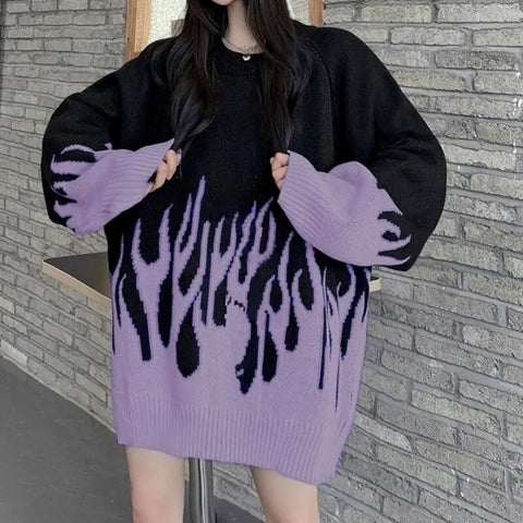 Fire Printed Knitted Sweater Women Harajuku Hippie Vintage Blusas Gothic Streetwear O-Neck Oversized Long Sleeve Hip Hop Jumper
