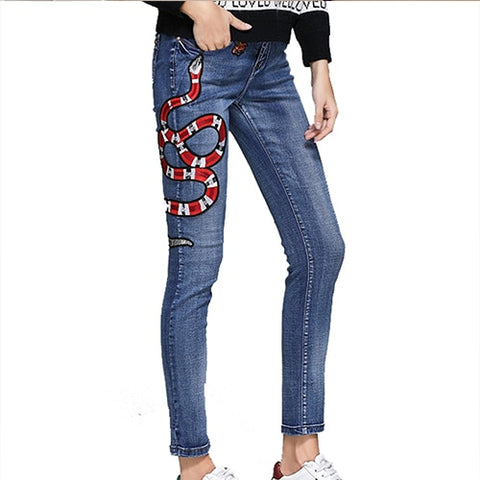 Fire Snake Bee Embroidery Jeans Women Autumn Mid-Waist Casual Skinny Pencil Denim Pants Pantalon Femme softener pants woman