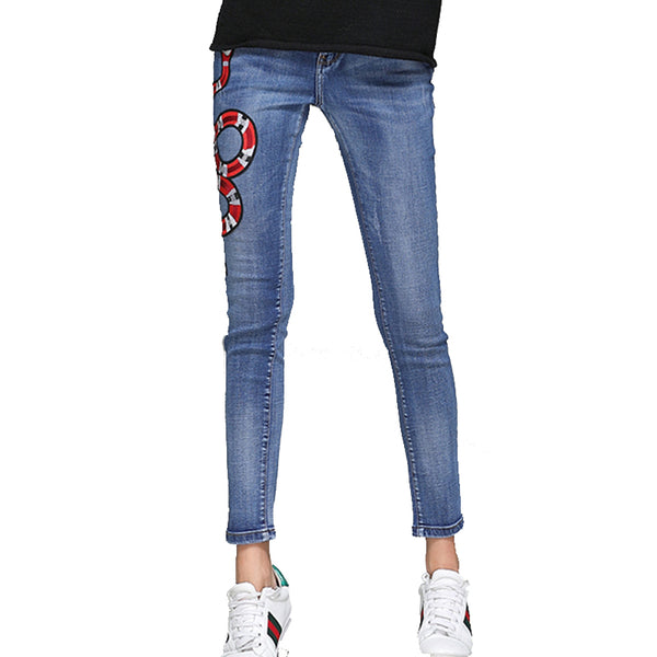Fire Snake Bee Embroidery Jeans Women Spring Autumn Mid-Waist Casual Skinny Pencil Denim Pants Pantalon Femme TGJ641