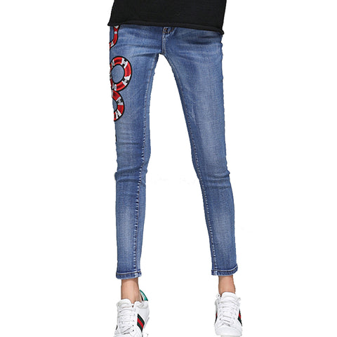Fire Snake Bee Embroidery Jeans Women Spring Autumn Mid-Waist Casual Skinny Pencil Denim Pants Pantalon Femme TGJ641