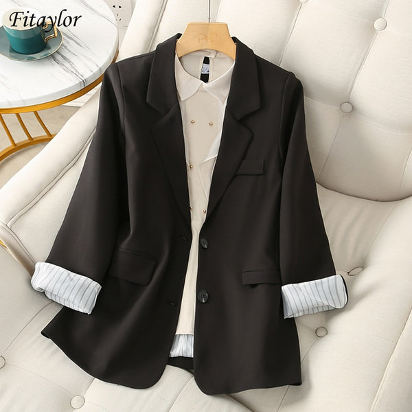 Fitaylor Spring Autumn Women Blazers Office Ladies Single Breasted Blazer Jacket Splicing Stripe Oversized Blazer Coat