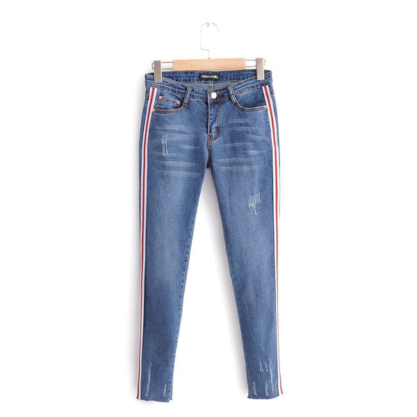 Fitibest Jeans For Women Skinny High Waist Jeans Woman Blue Denim Pencil Pants Stretch Waist Women Blue Pants Stripe Side Jeans