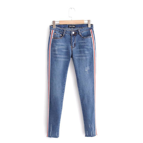 Fitibest Jeans For Women Skinny High Waist Jeans Woman Blue Denim Pencil Pants Stretch Waist Women Blue Pants Stripe Side Jeans
