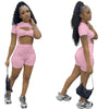 Fitnes Women Workout Yoga 2 Piece Set Casual Solid Short Sleeve Hollow Out Bodysuit Top Shorts Pants Suit Outfit Sport Tracksuit