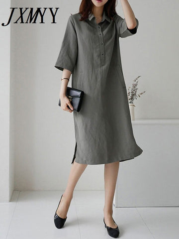 Five-Point Sleeves Lloose And Slim Straight Skirt 2023 Summer Simple Casual Over-The-Knee Dress Large Size Cotton And Linen