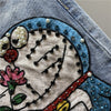 Five point Denim Shorts Women Summer Embroidery Diamond Beaded Jingle cat Straight-leg Pants  Jeans Shorts