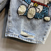 Five point Denim Shorts Women Summer Embroidery Diamond Beaded Jingle cat Straight-leg Pants  Jeans Shorts
