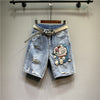 Five point Denim Shorts Women Summer Embroidery Diamond Beaded Jingle cat Straight-leg Pants  Jeans Shorts