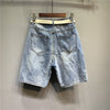 Five point Denim Shorts Women Summer Embroidery Diamond Beaded Jingle cat Straight-leg Pants  Jeans Shorts