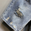 Five point Denim Shorts Women Summer Embroidery Diamond Beaded Jingle cat Straight-leg Pants  Jeans Shorts