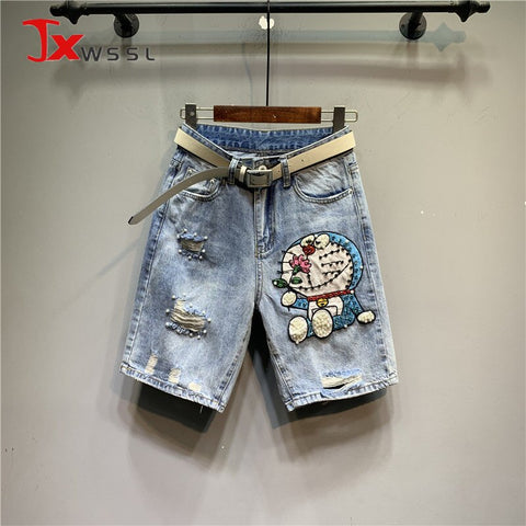 Five point Denim Shorts Women Summer Embroidery Diamond Beaded Jingle cat Straight-leg Pants  Jeans Shorts